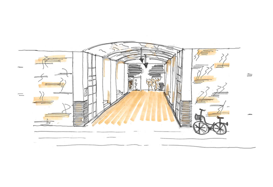Hand-drawn sketch of an arched hallway with a bicycle parked outside