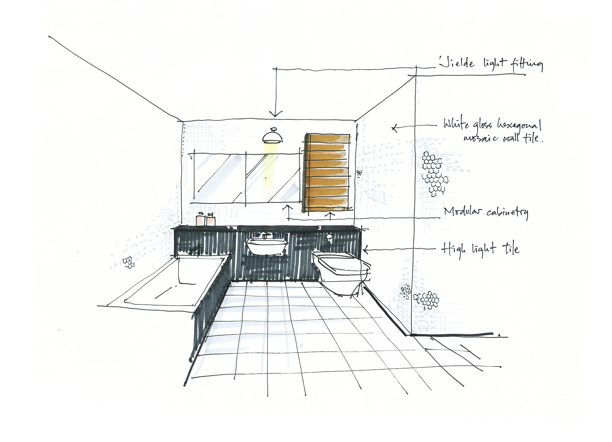Hand-drawn sketch of a bathroom with notes on lighting, mosaic tiles and cabinetry