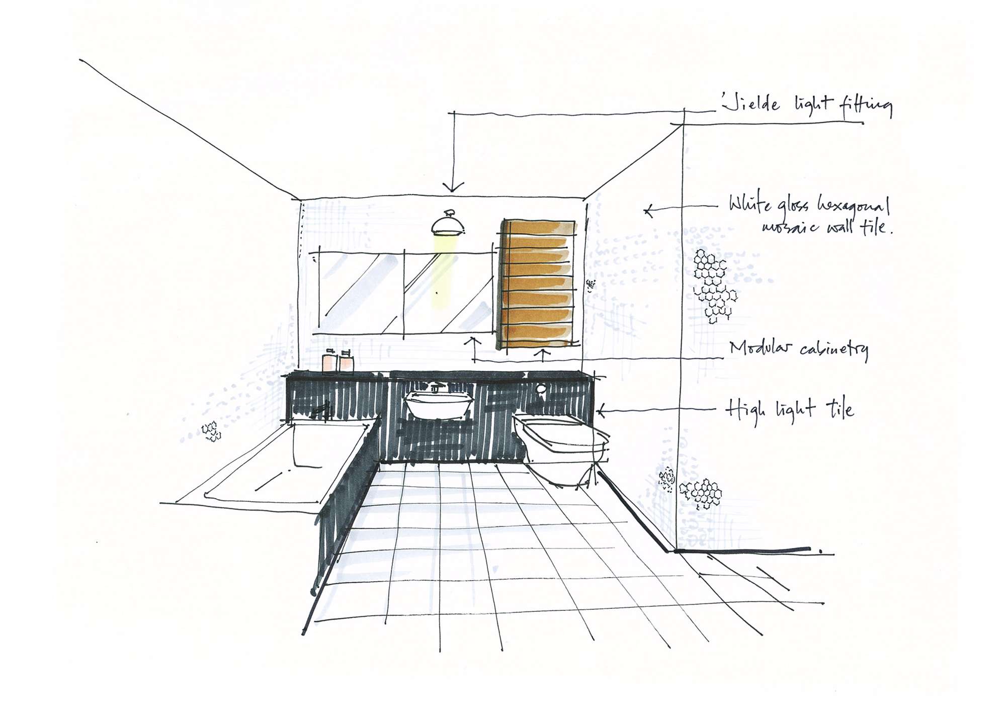 Hand-drawn bathroom sketch with tile and lighting annotations