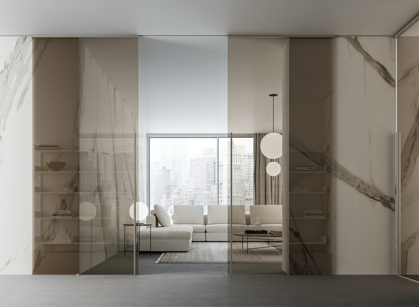 ADL glass sliding doors opening onto a living room with white sofas