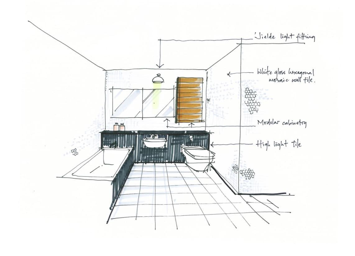 Hand-drawn sketch of a bathroom with notes on lighting, mosaic tiles and cabinetry