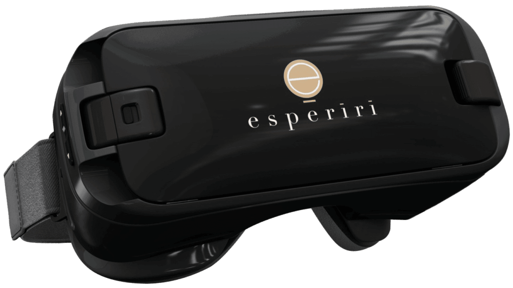 Black virtual reality headset with the Esperiri logo