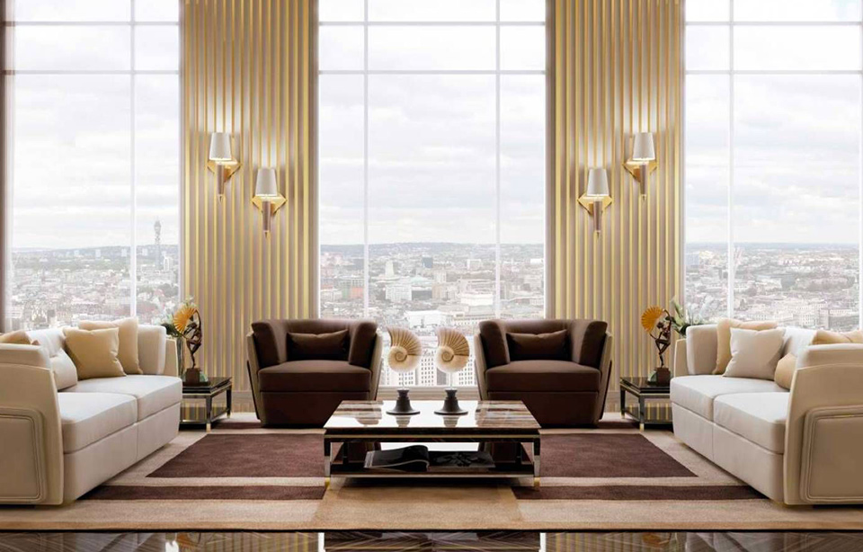 Penthouse living room with floor-to-ceiling windows overlooking a city skyline
