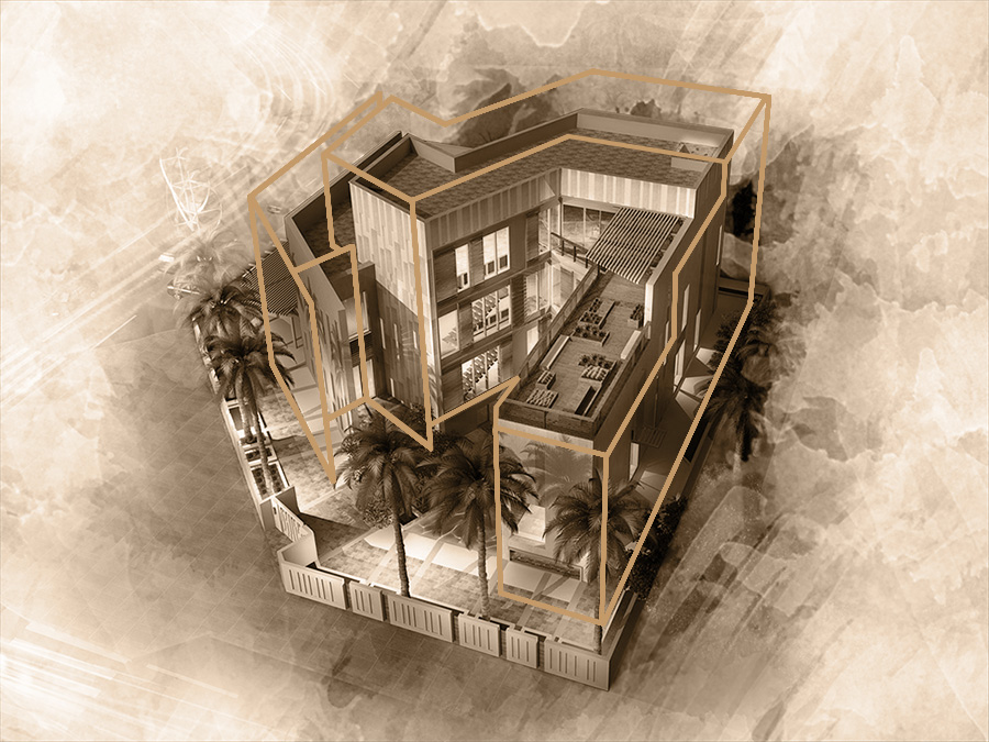 Sepia axonometric cutaway rendering of a modern four-story villa among palm trees