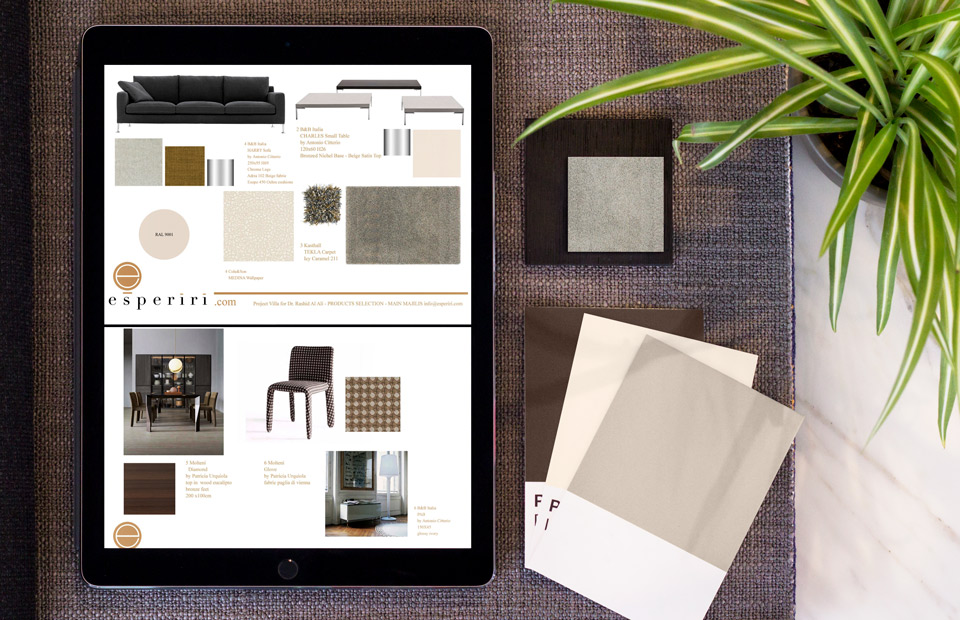Tablet showing an Esperiri mood board beside fabric and material samples