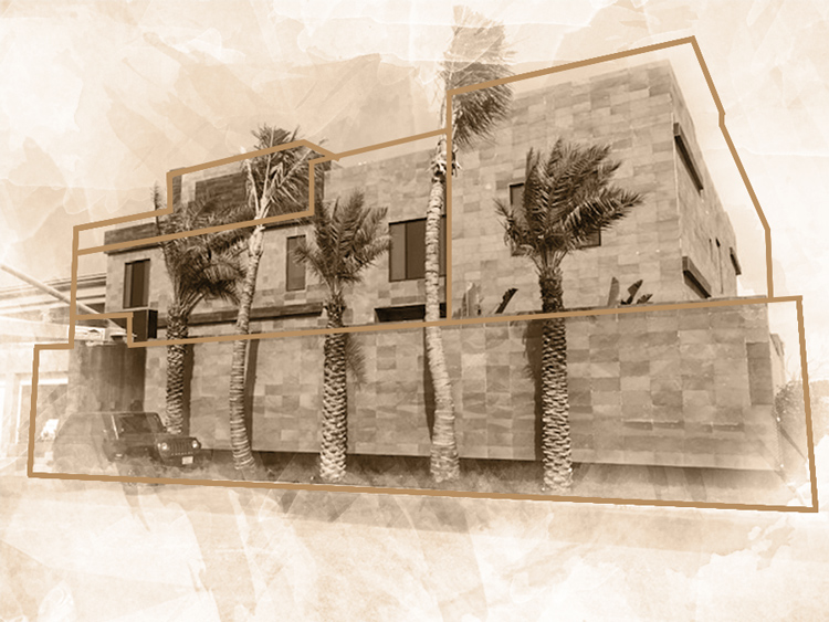 Sepia sketch of a stone building facade with palm trees in front