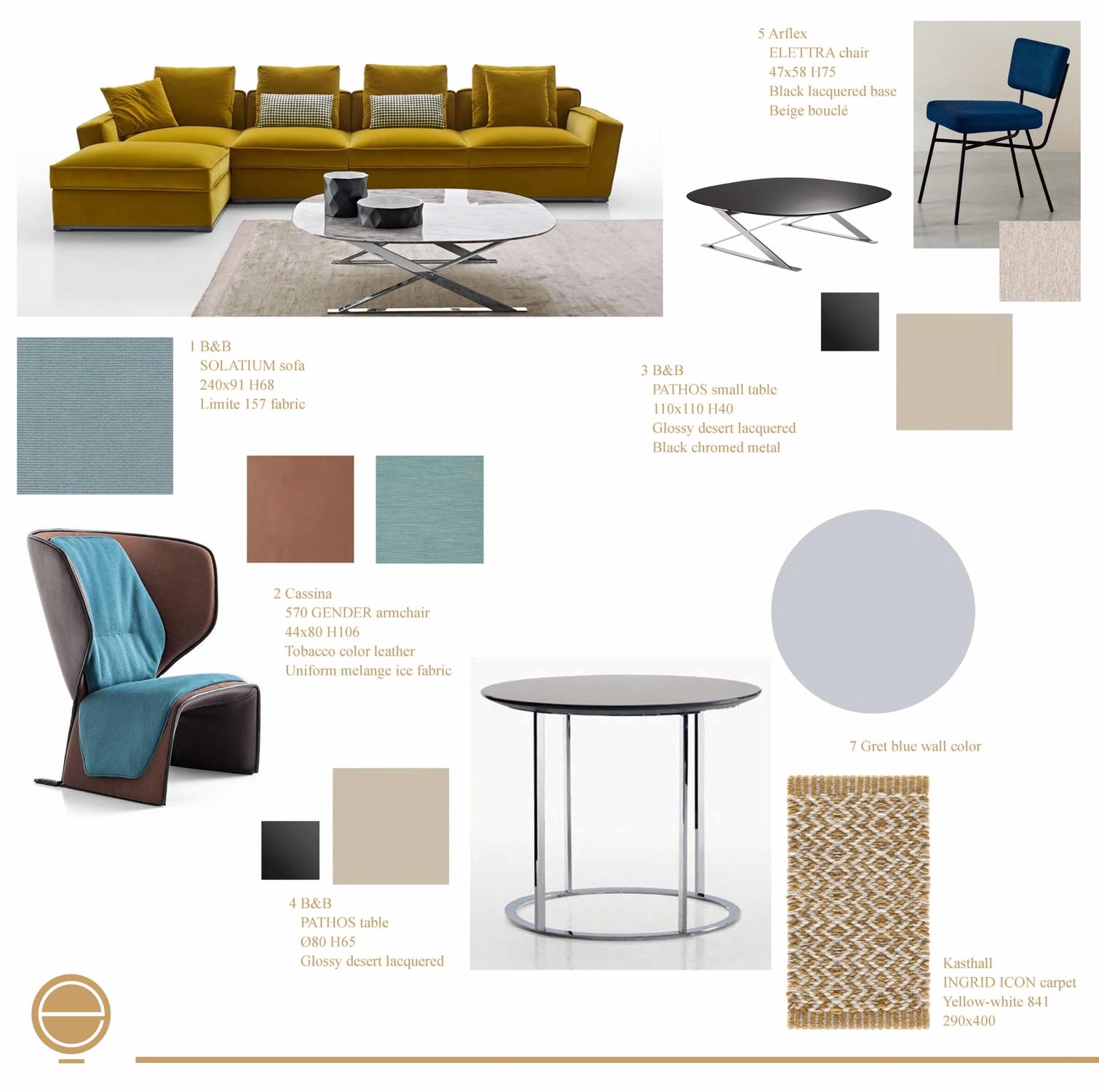 Shopping list board with a mustard sofa, armchairs, tables and material swatches