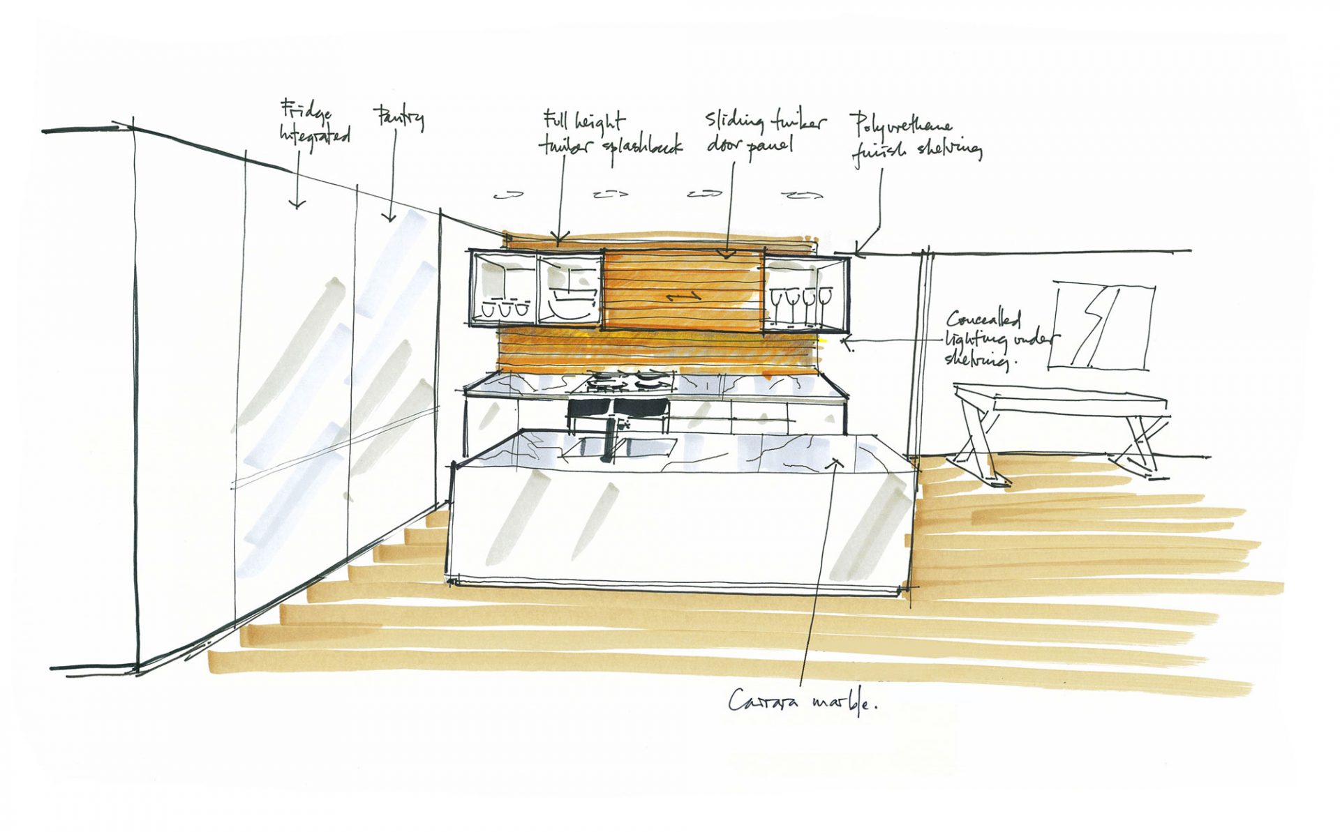 Hand-drawn kitchen design sketch labeled with materials like timber and marble