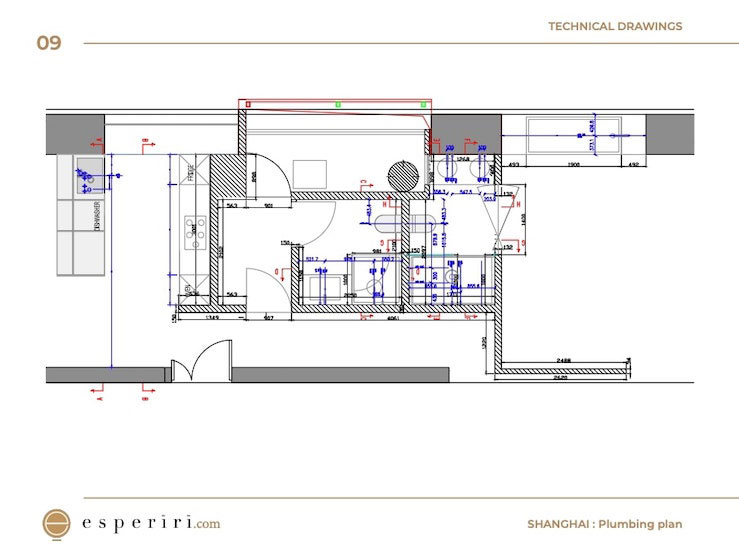 Plumbing plan from the technical drawings of an Esperiri project in Shanghai