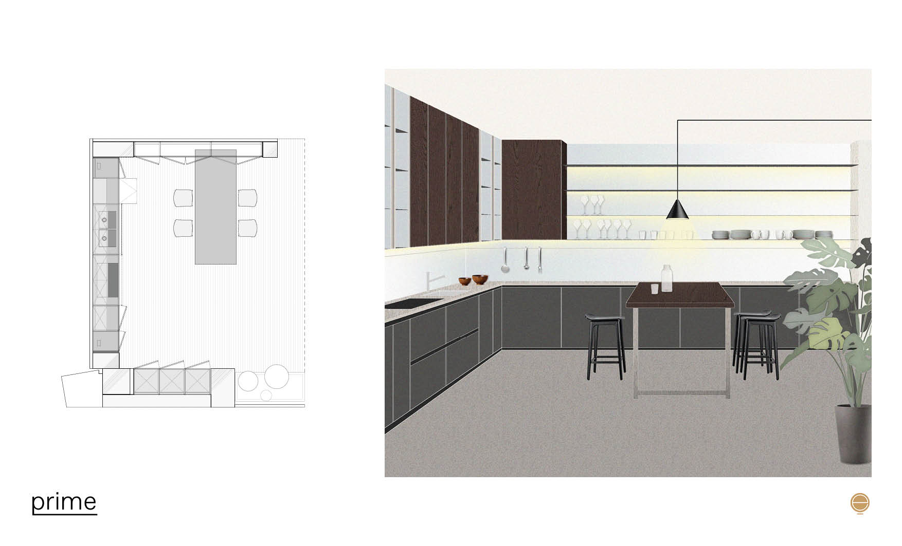 Moodboard for a Dada Prime kitchen with dark wood cabinets, an island and dining table