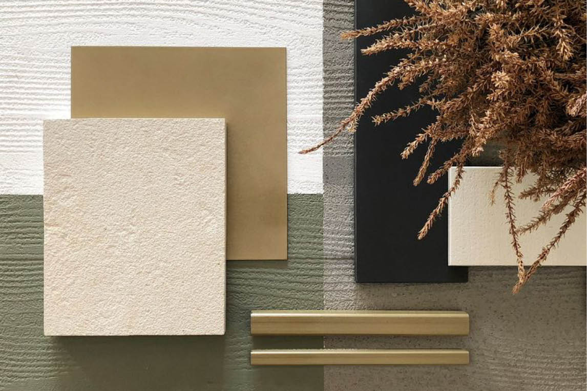 Moodboard with textured plaster, stone, brass profiles and dried grasses