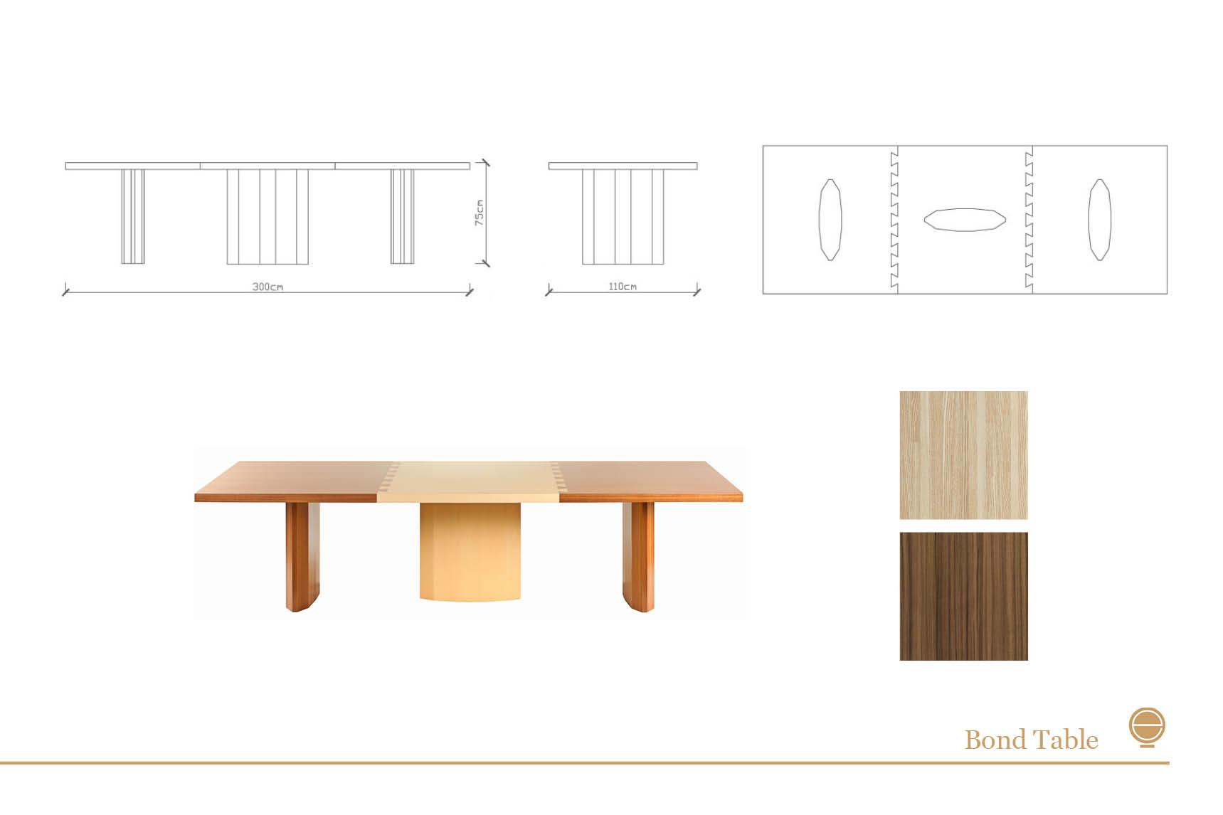 Technical drawings of a wooden dining table with two wood samples