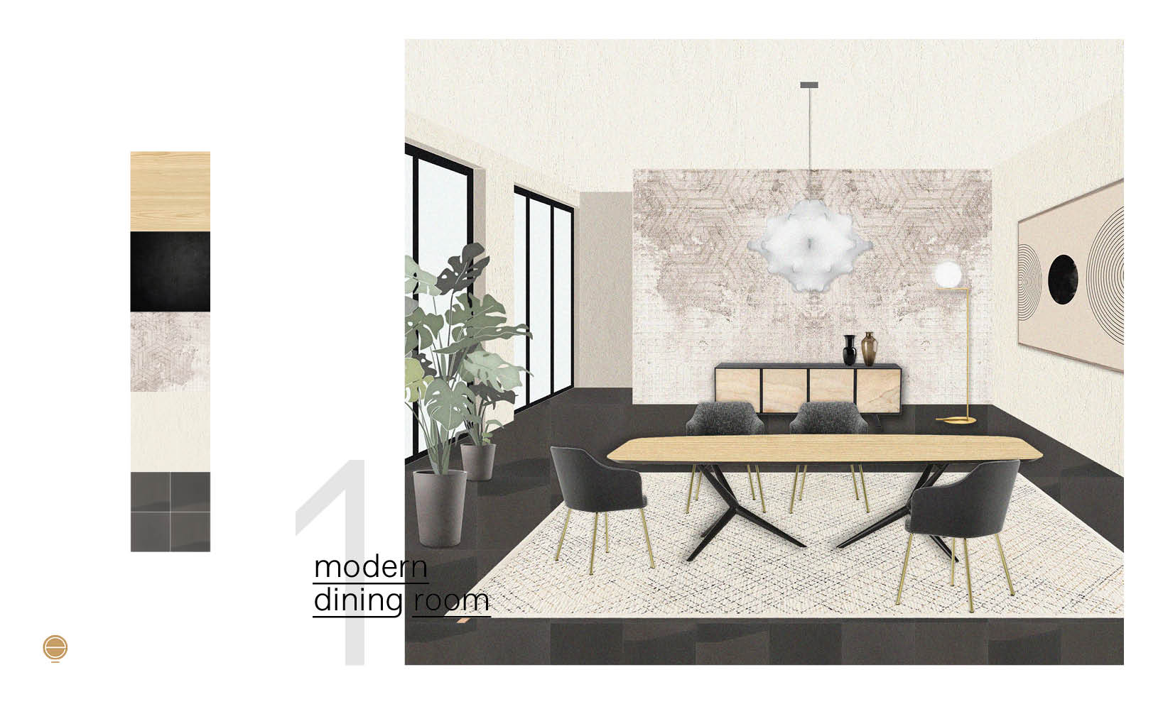 Moodboard for a modern dining room with an oak table on brass legs and a patterned wall panel