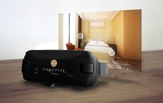 Esperiri-branded VR headset with a rendered bedroom scene behind it