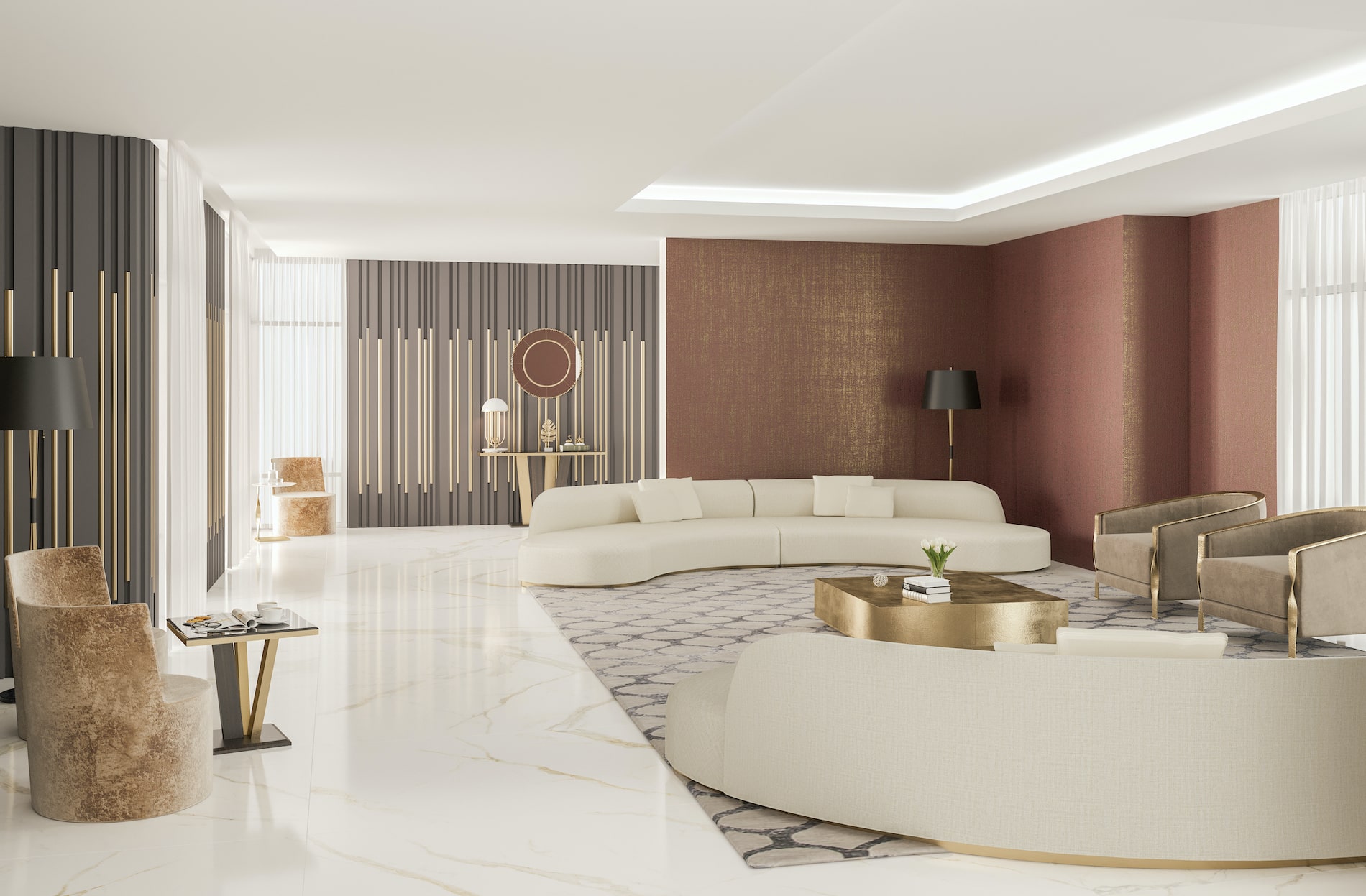 Curved cream sofa and gold coffee table in a terracotta-accented living room
