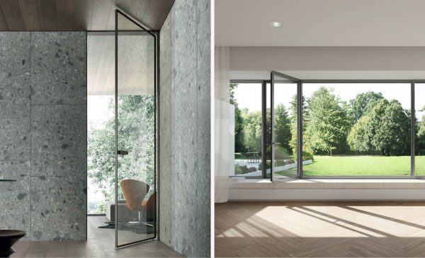 Split view of a glass pivot door in a stone wall and floor-to-ceiling windows onto a garden