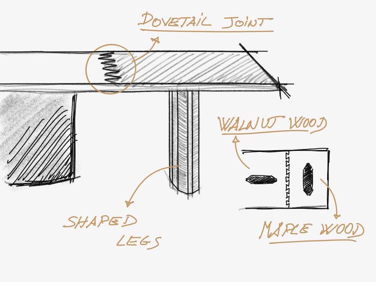 Hand sketch of a table with a dovetail joint, shaped legs, walnut and maple wood