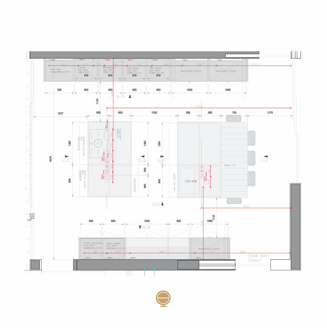 Technical drawing of a kitchen layout with measurements