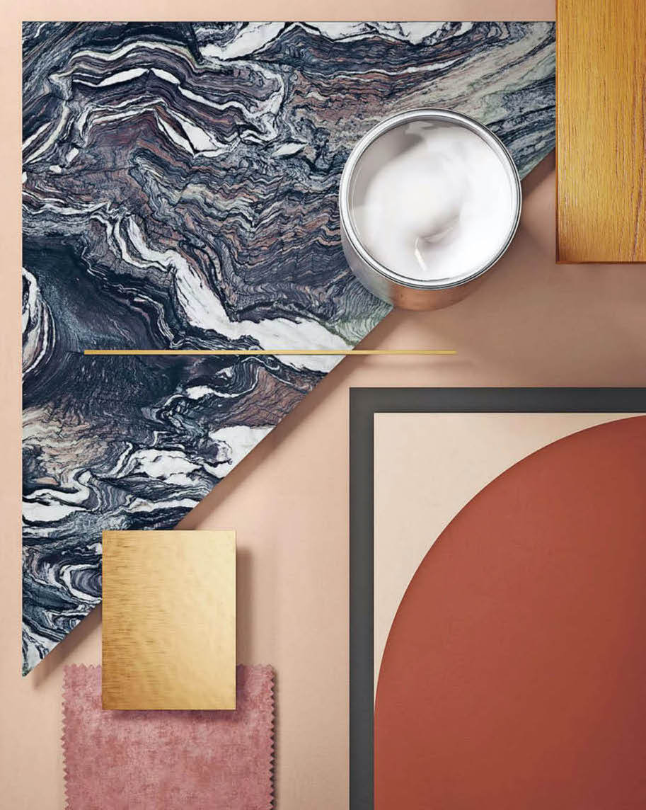 Moodboard with marble, brass, wood and fabric samples