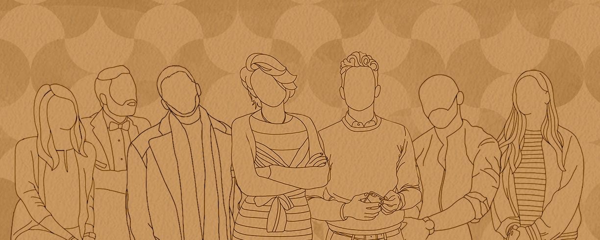 Line-drawn illustration of seven people standing together against a patterned background