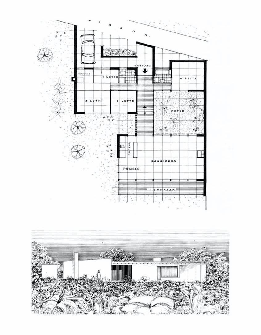 Floor plan and elevation drawing of a single-storey villa with a garden