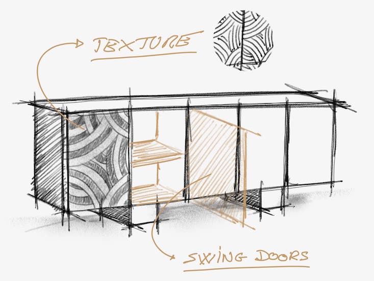Hand sketch of a cabinet with textured swing doors