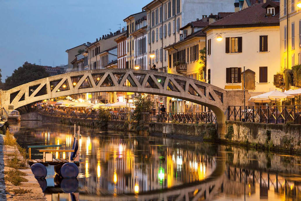Bridge over the Naviglio in Milan at dusk