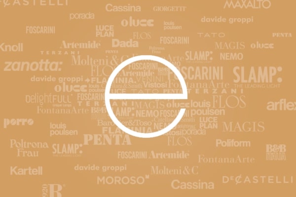 Collage of Italian furniture brand names surrounding a circular e logo