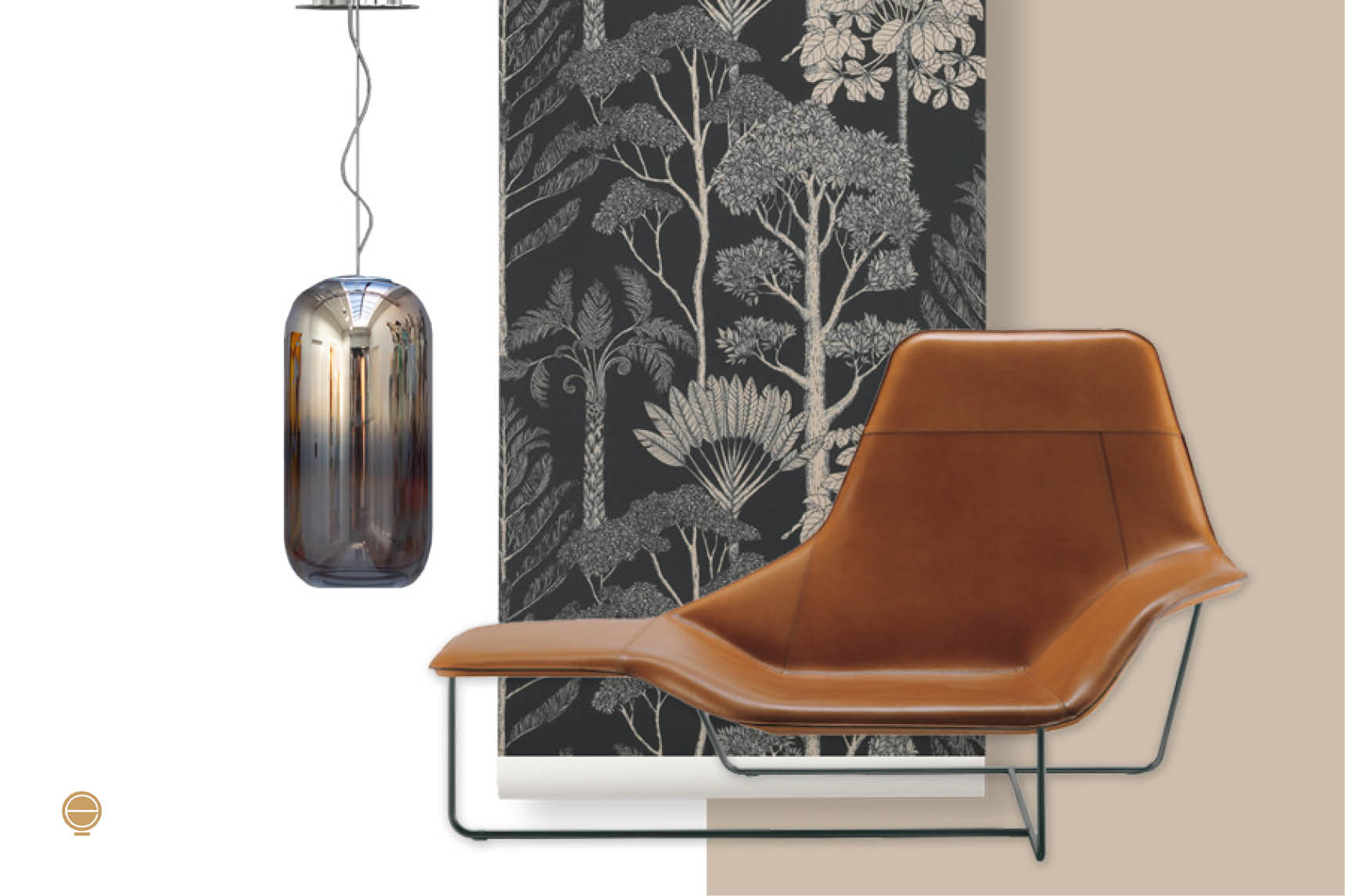 Moodboard with a smoked glass pendant lamp, tree-pattern wallpaper and a leather lounge chair