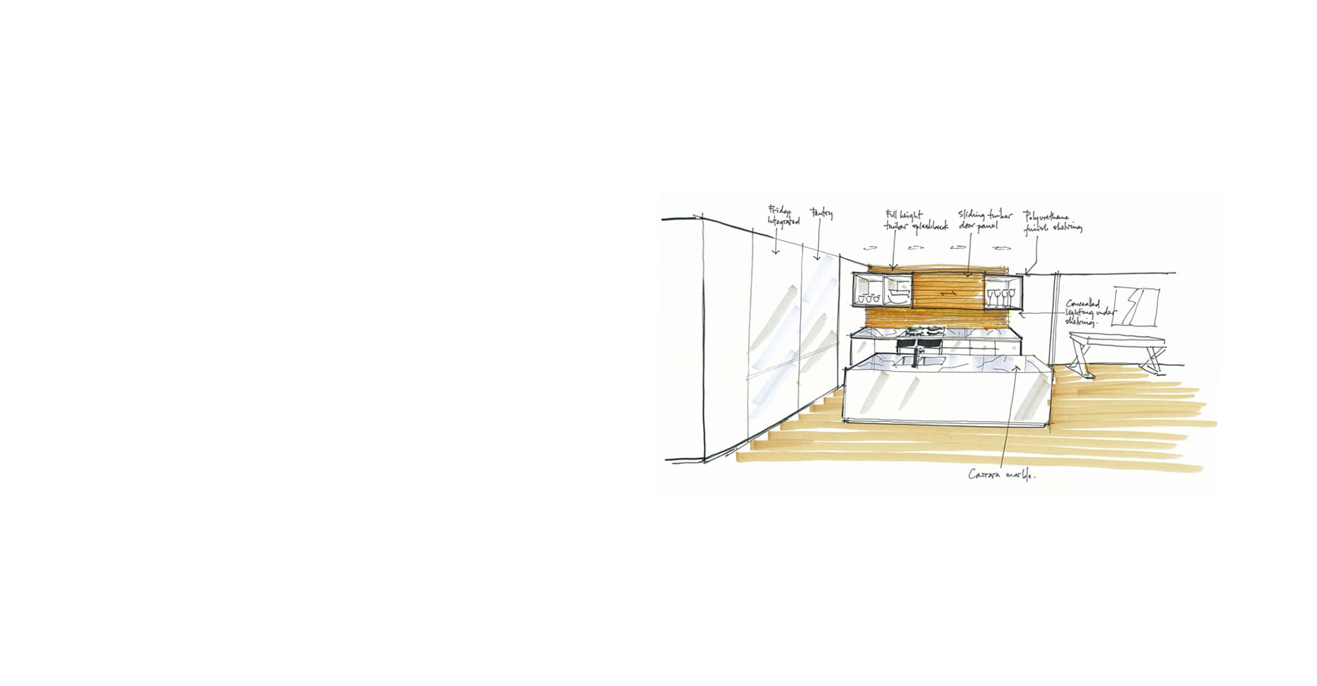 Hand-drawn sketch of a kitchen design with material notes