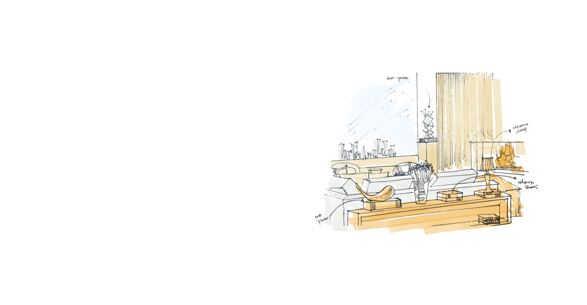 Hand-drawn sketch of a living room corner with curtain and lighting notes