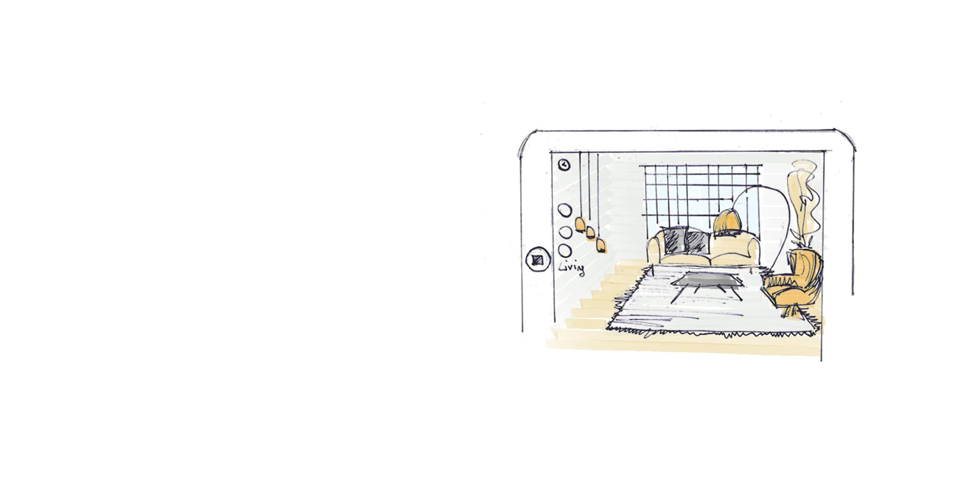 Hand-drawn sketch of a small living room with sofa and rug