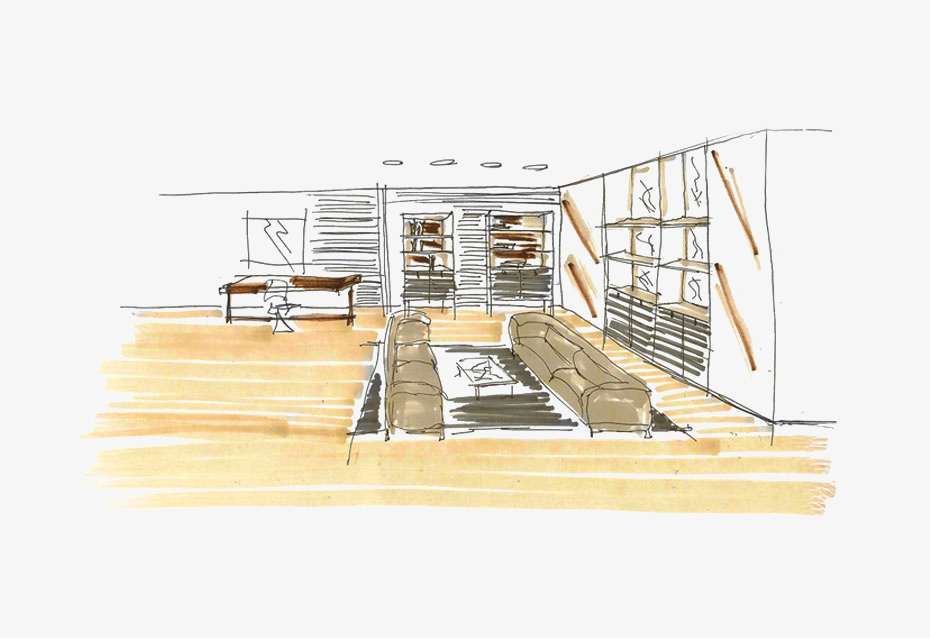 Hand-drawn sketch of an open-plan room with sofas and shelving