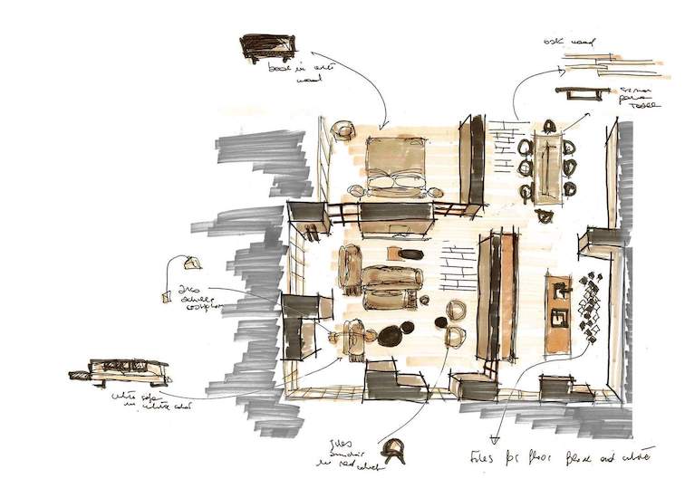 Floor plan sketch with furniture layout and handwritten notes