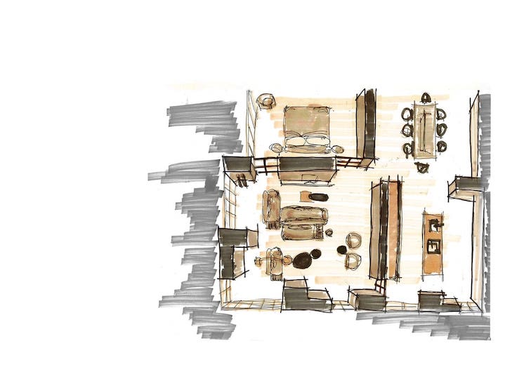 Watercolour floor plan sketch with the furniture layout