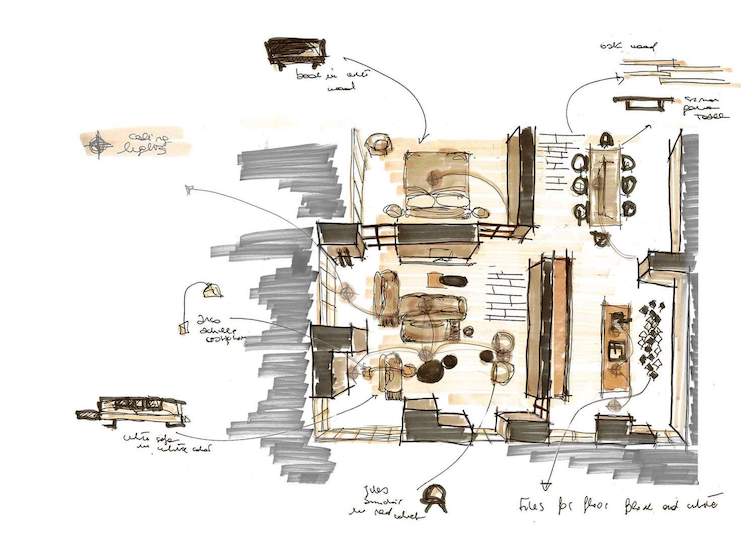 Annotated floor plan sketch with furniture pieces drawn around it