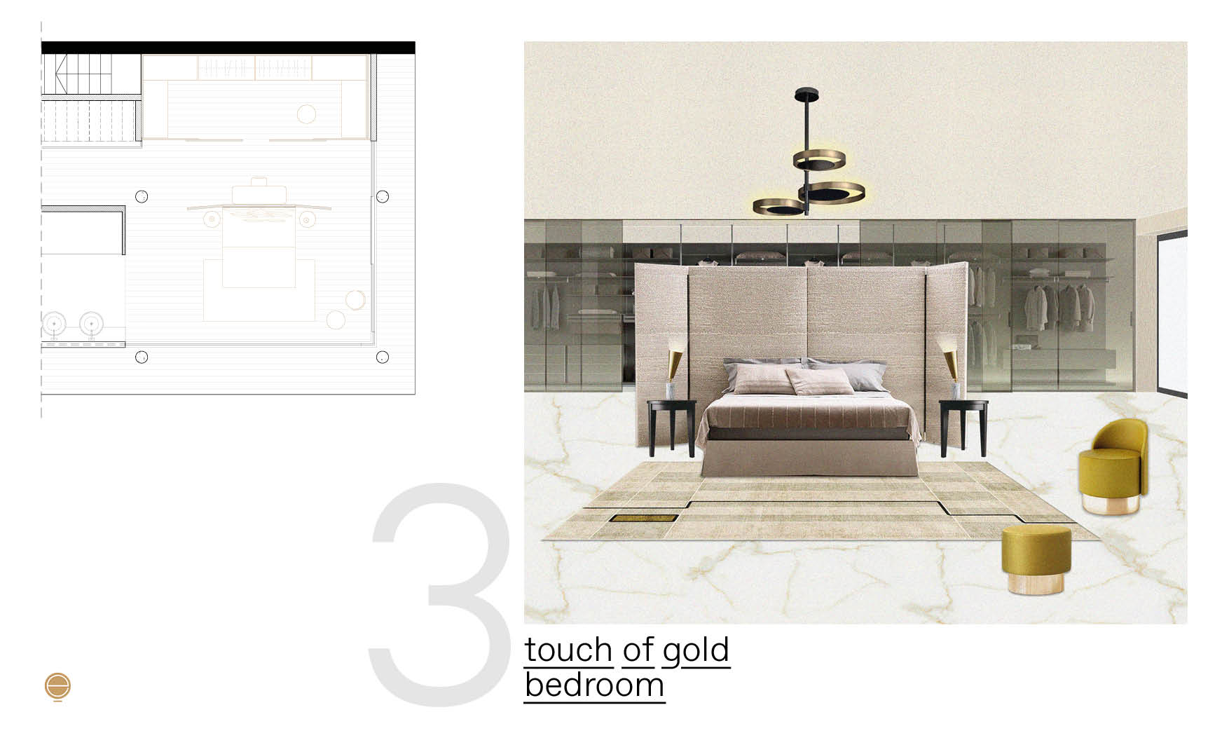 Moodboard for a bedroom with a tall upholstered headboard, glass walk-in wardrobe and gold ring pendant light