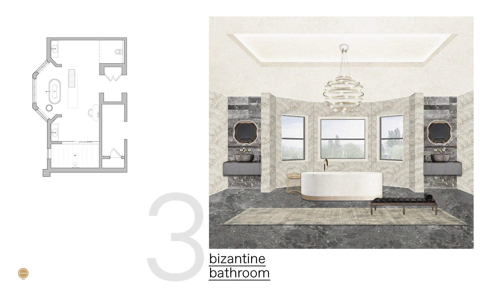 Moodboard for a Byzantine-style bathroom with a round tub, dark marble floor and drum chandelier
