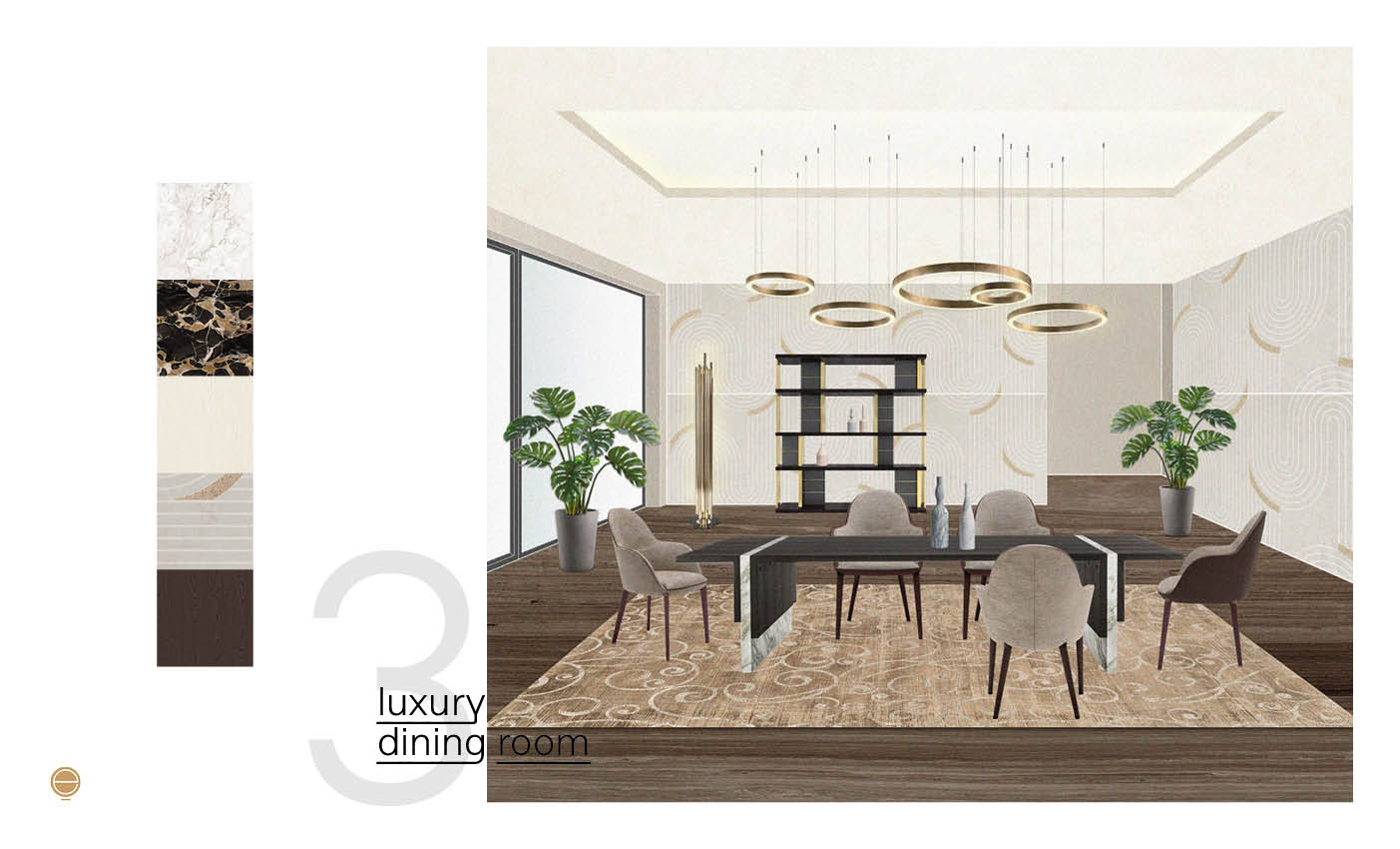 Moodboard for a luxury dining room with a marble-top table, beige chairs and gold ring chandelier