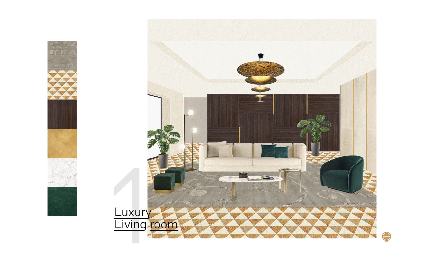 Moodboard for a luxury living room with a patterned terrazzo floor, cream sofa and dark green velvet armchair