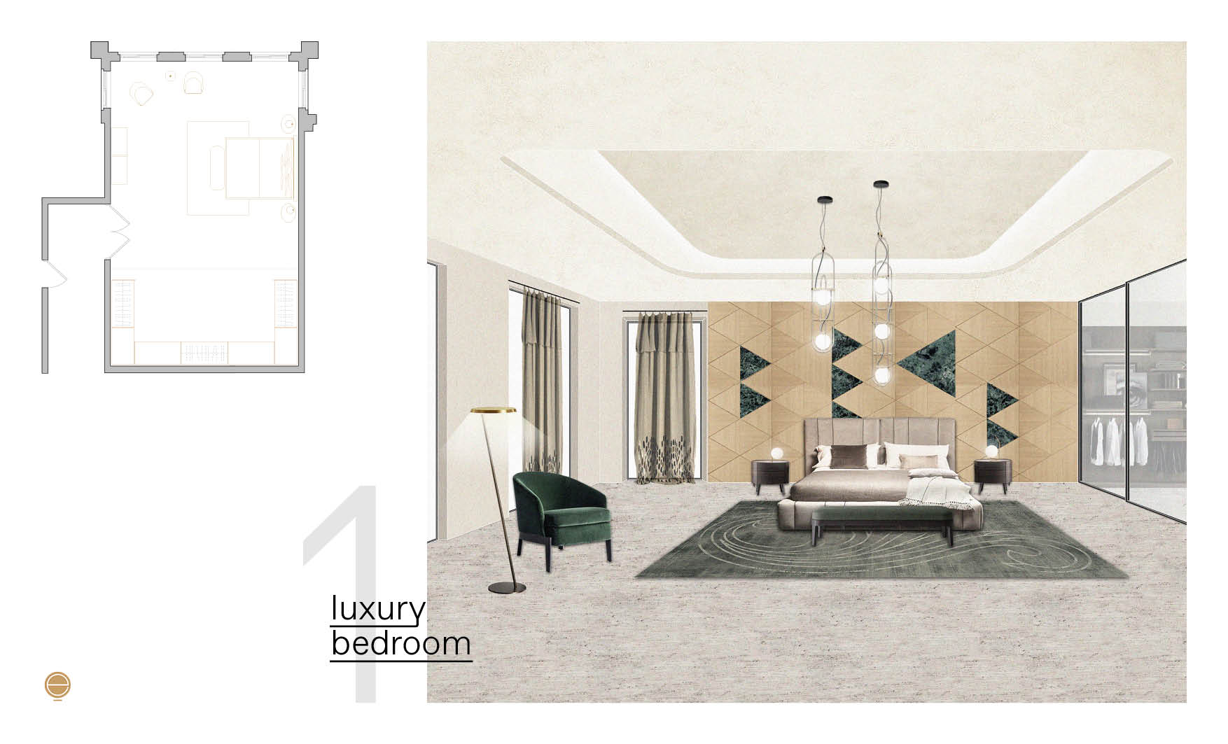 Moodboard for a luxury bedroom with a triangular marble inlay wall, upholstered bed and green velvet armchair