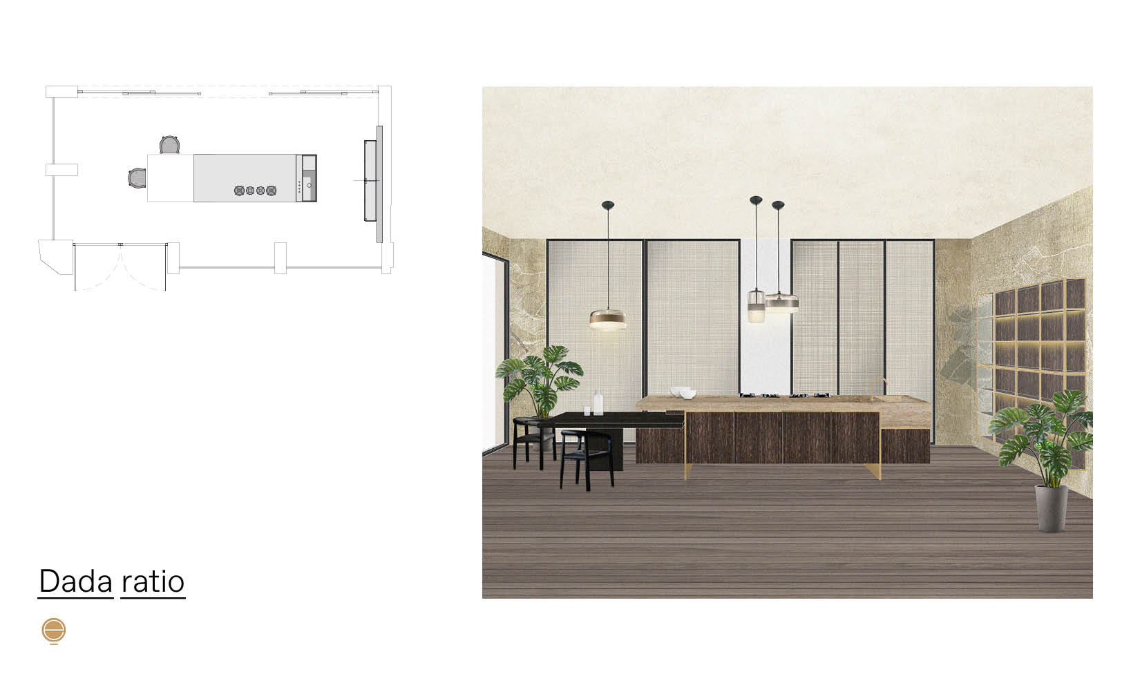 Moodboard for a Dada Ratio kitchen with a dark wood island and glass-panelled backsplash