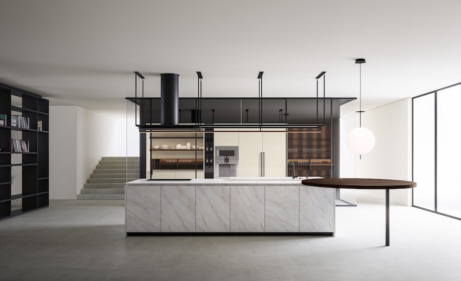 Modern kitchen with a white marble island, black cabinetry and a black extractor hood