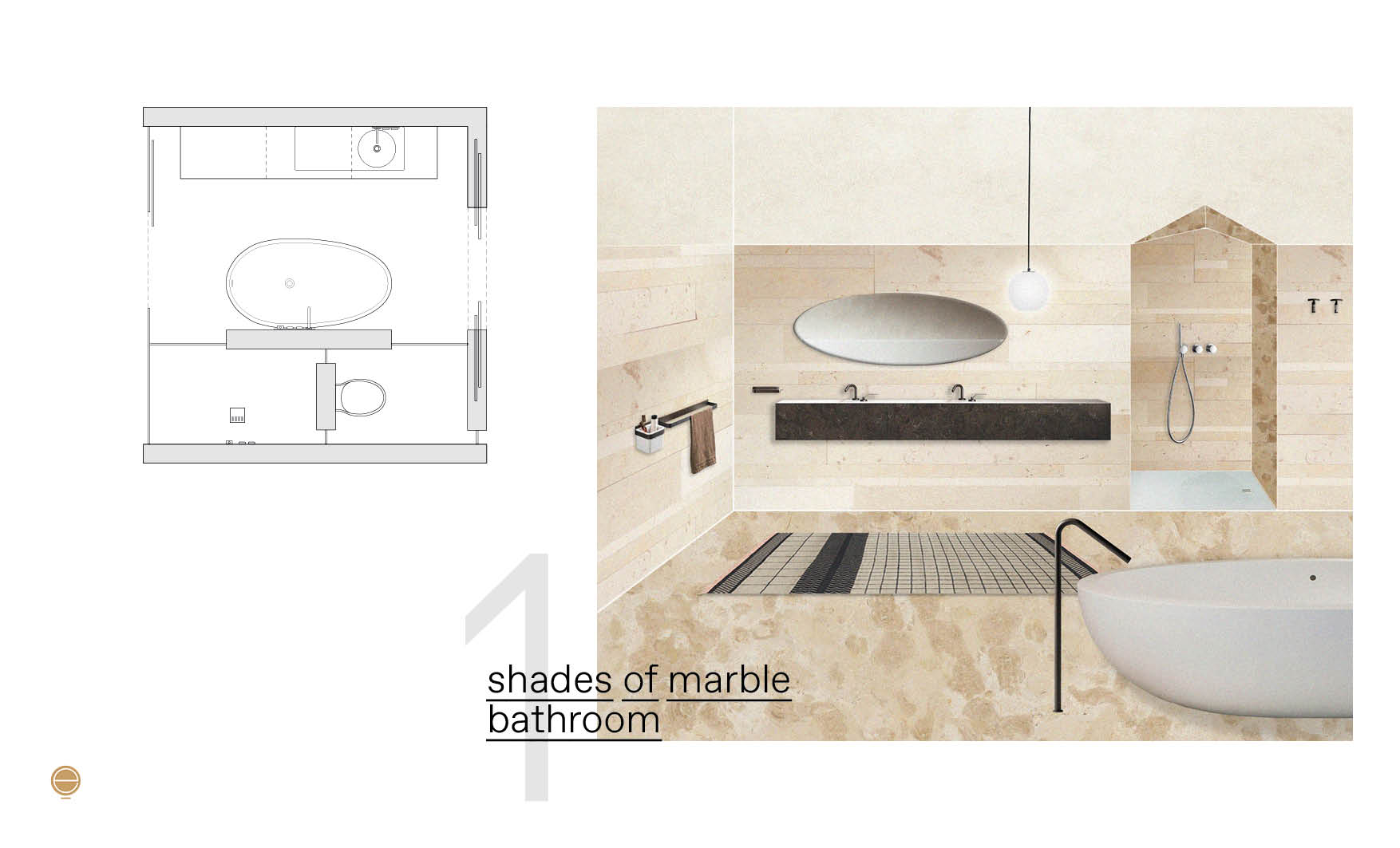Moodboard for a marble bathroom with a double vanity, oval mirror and freestanding tub