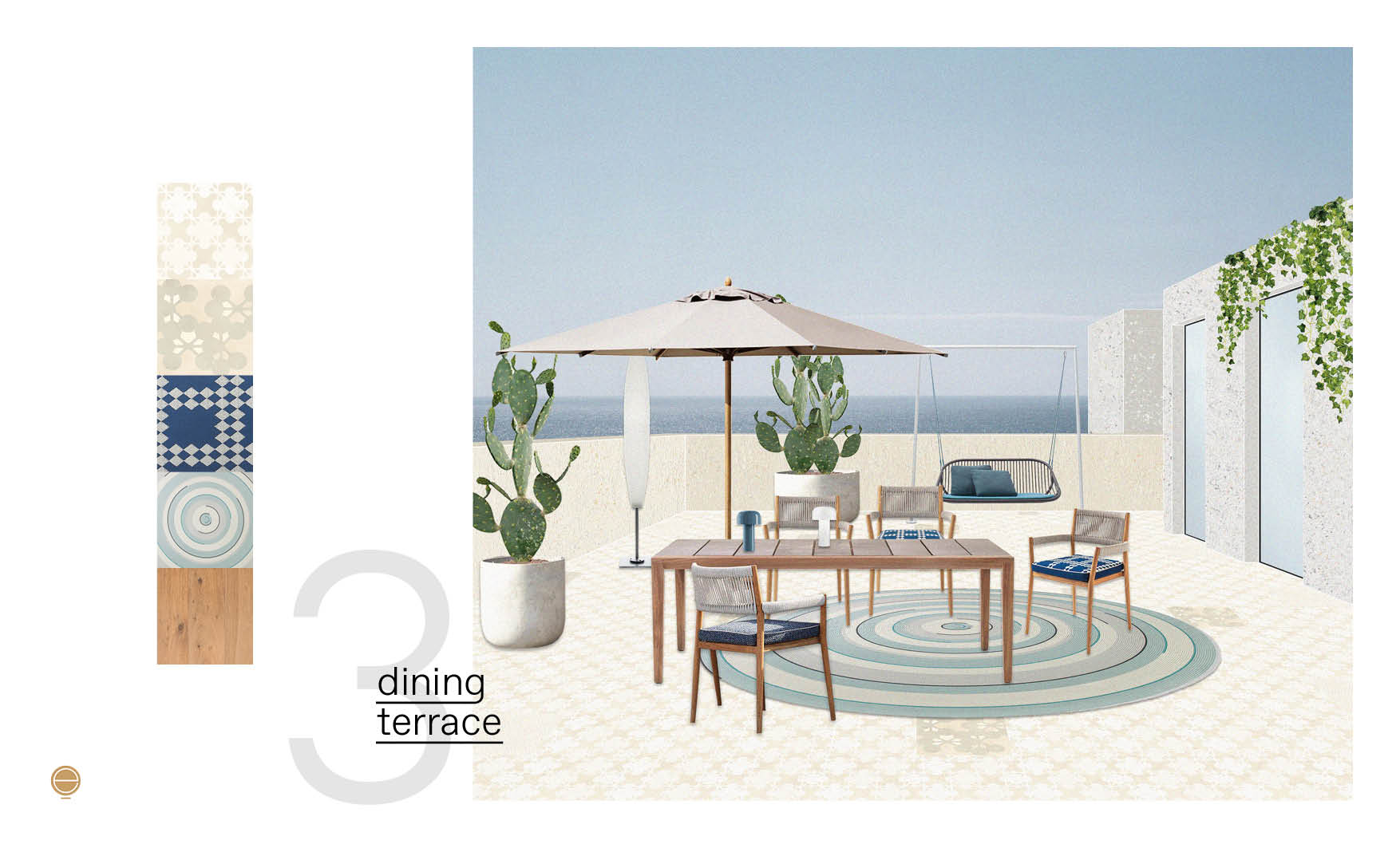 Moodboard for a dining terrace with a wooden table, rope chairs and a round patterned rug