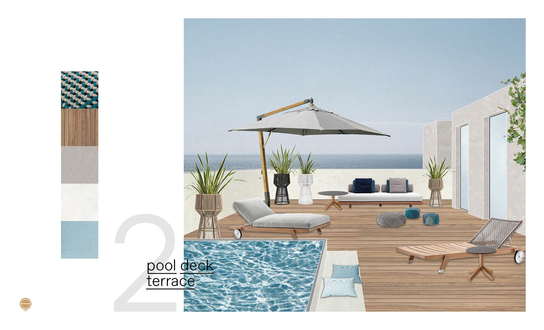 Moodboard for a pool deck terrace with a wooden sun lounger, grey sofa and cantilever umbrella