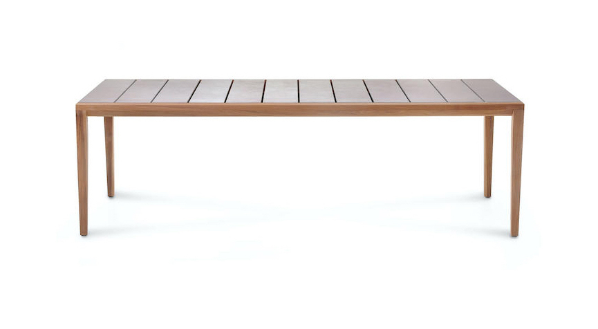 Rectangular teak outdoor dining table on a white background