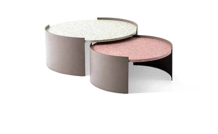 Nesting round outdoor coffee tables with white and pink terrazzo tops