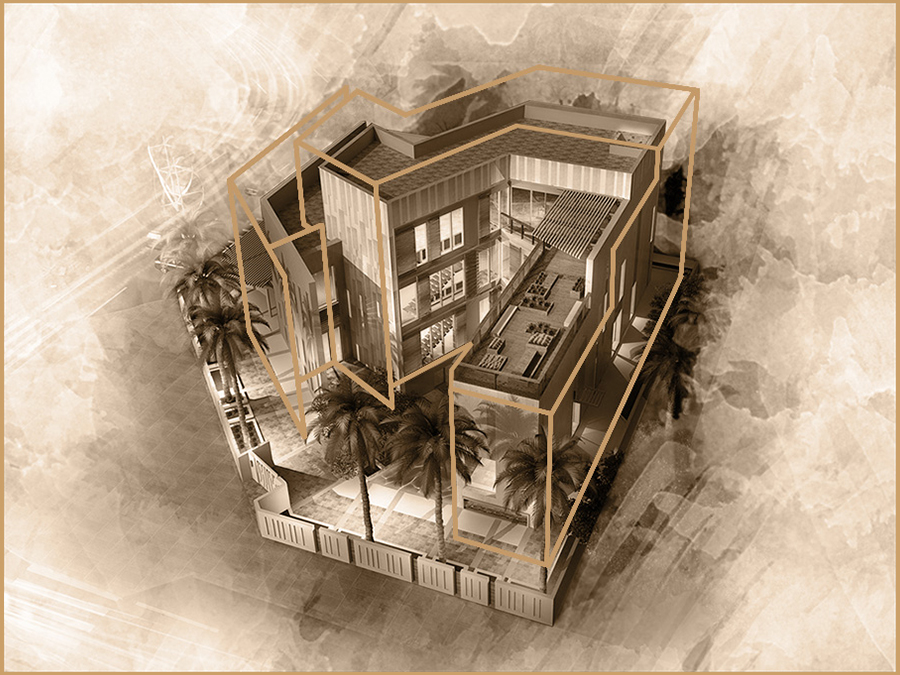 Architectural rendering of a villa with palm trees in sepia tones