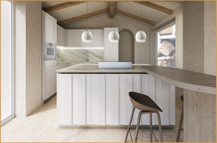 Kitchen with vaulted wood-beamed ceiling and pendant lights